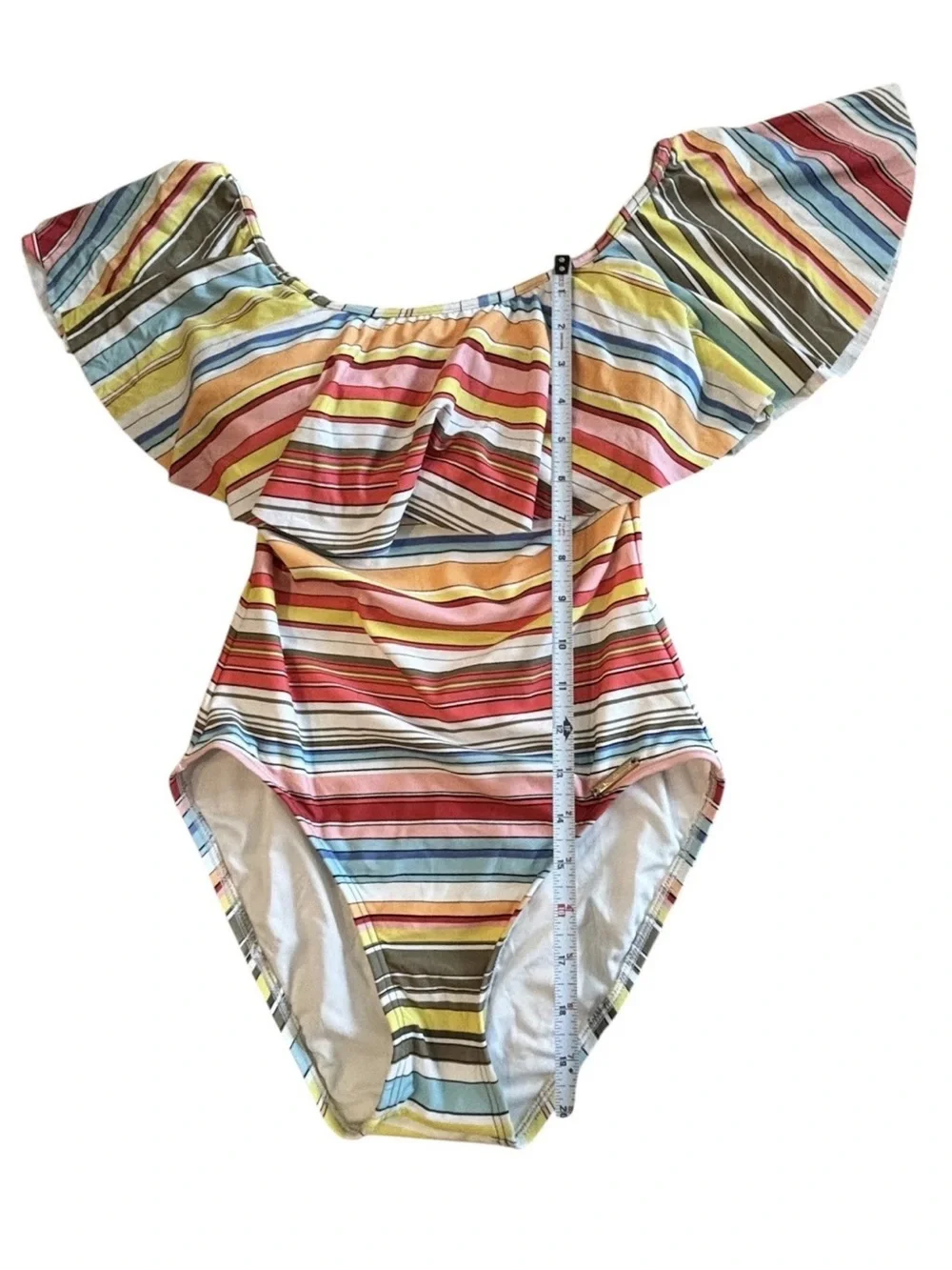 Vince Camuto Cruise White Multi Color Stripe One Piece Swimsuit Off Shoulder 8